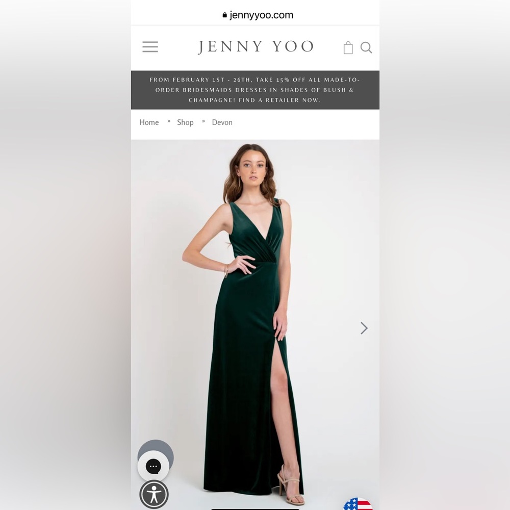 Jenny Yoo dress “Devon” size 2 emerald green velvet. Worn once as a bridesmaid.